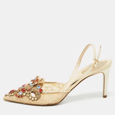 Pre-owned René Caovilla Cream Lace And Leather Crystal Embellished Slingback Pumps Size 39 In Beige