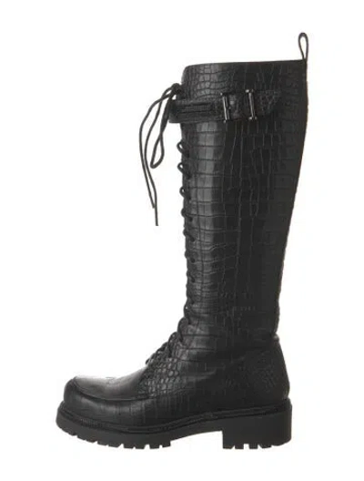 Pre-owned René Caovilla Crocodile Animal Print Lace-up Boots In Black