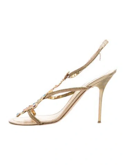 Pre-owned René Caovilla Crystal Crystal Embellishments Slingback Sandals In Brown