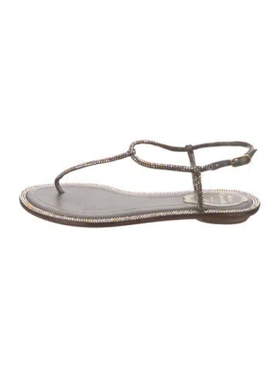Pre-owned René Caovilla Crystal Crystal Embellishments T-strap Sandals In Brown