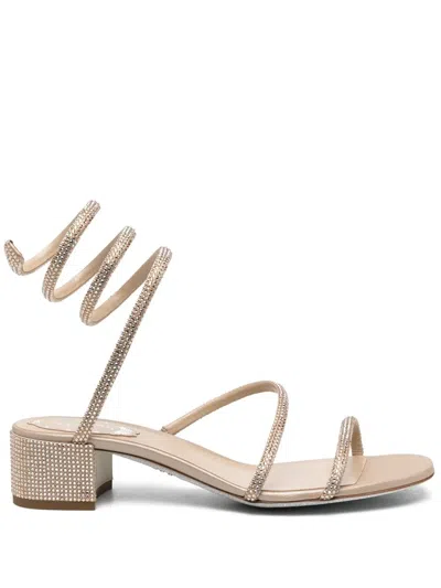 René Caovilla Crystal-embellished Strappy Sandals In Beige Satin/golden