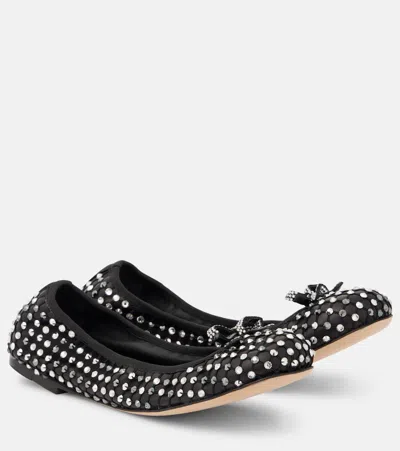 René Caovilla Crystal-embellished Leather Ballet Flats In Black