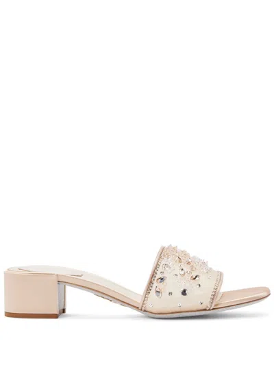 René Caovilla Crystal-embellished Leather Mules In Nude