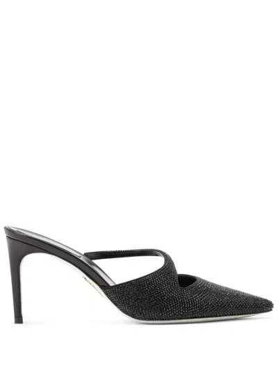 René Caovilla Crystal-embellished Satin Mules In Black