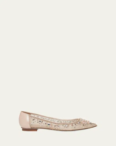 René Caovilla Crystal Embroidered Mesh Ballerina Flats In Beige Net Golden Shadow-silk Stones