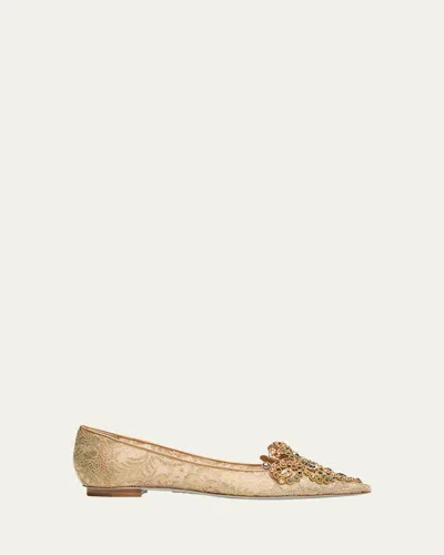 René Caovilla Crystal Embroidered Mesh Ballerina Flats In Gold Lace-lambmetallic Light Gold