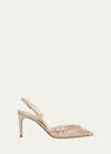 René Caovilla Crystal Lace Slingback Pumps In Beige Net Golden