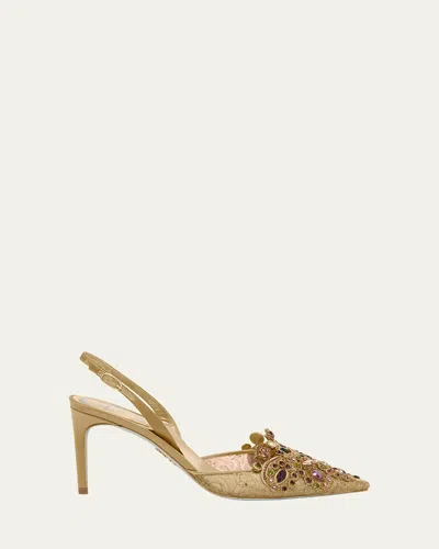 René Caovilla Crystal Embroidered Silk Slingback Pumps In Gold Lacemetallic Light Gold-black