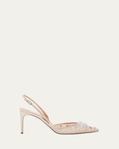 René Caovilla Crystal Lace Slingback Pumps In Nude Lace-lambcrystal Ab Stones