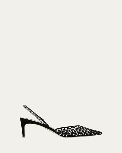 René Caovilla Crystal Net Slingback Pumps In Black Suede