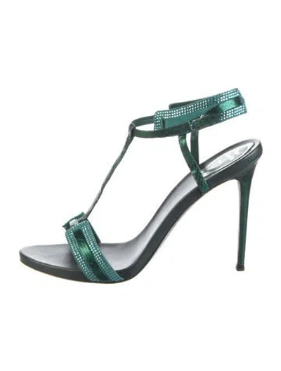 Pre-owned René Caovilla Crystal Studded Accents T-strap Sandals In Green
