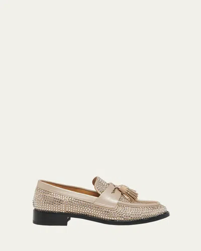 René Caovilla Crystal Tassel Penny Loafers In Beige Satinhoney Strass