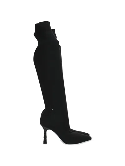 Pre-owned René Caovilla Crystal-embellished Knitted Boots In Black