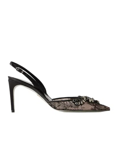 René Caovilla Crystal-embellished Lace And Satin Slingback Pumps In Black
