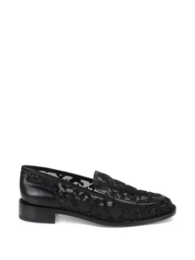 René Caovilla Crystal-embellished Lace-mesh Loafers In Black