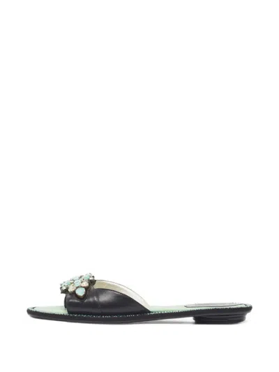 Pre-owned René Caovilla Crystal-embellished Leather Flat Sandals In Black