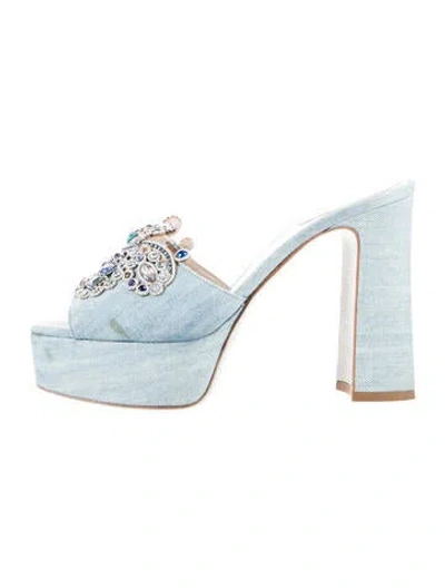 Pre-owned René Caovilla Denim Crystal Embellishments Slides In Blue