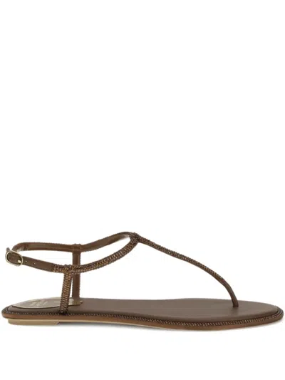 René Caovilla Diana Embellished Satin Thong Sandals In Brown