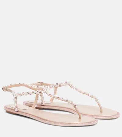 René Caovilla Diana Embellished Satin Thong Sandals In Pink