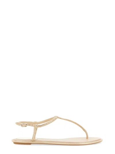 René Caovilla Diana Minimalist Embellished Flat Leather Sandals In Neutral