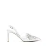 René Caovilla Lace Embellished Crystal Sling Back Pumps In White