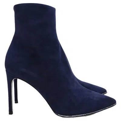 Pre-owned René Caovilla Embellished High-heel Ankle Boots In Navy Blue Suede
