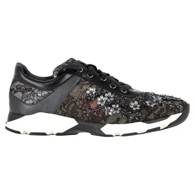 René Caovilla Embellished Lace Up Sneakers In Black Leather
