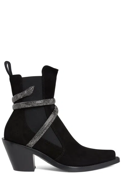 René Caovilla Embellished Pointed Toe Ankle Boots In Black