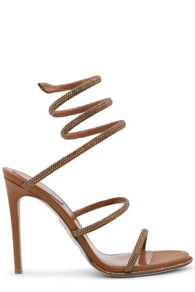 René Caovilla Embellished Spiral Strap Heeled Sandals In Brown