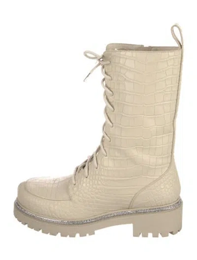 Pre-owned René Caovilla Embossed Leather Crystal Embellishments Combat Boots In Neutral