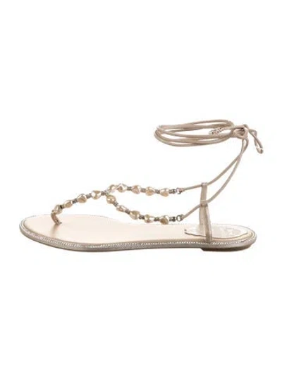 Pre-owned René Caovilla Embossed Leather Crystal Embellishments Flats In Pink