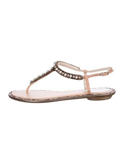 Pre-owned René Caovilla Faux Pearl Accents Crystal T-strap Sandals