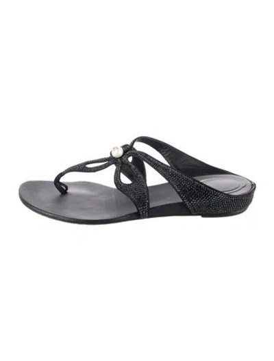 Pre-owned René Caovilla Faux Pearl Accents Crystal T-strap Sandals In Black