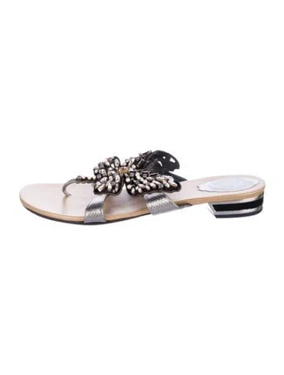 Pre-owned René Caovilla Faux Pearl Accents Embossed Leather Slides In Multi