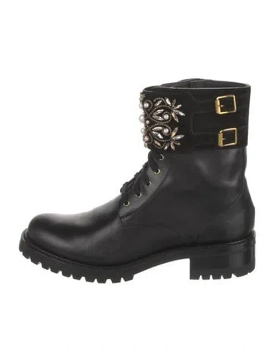 Pre-owned René Caovilla Faux Pearl Accents Leather Combat Boots In Black