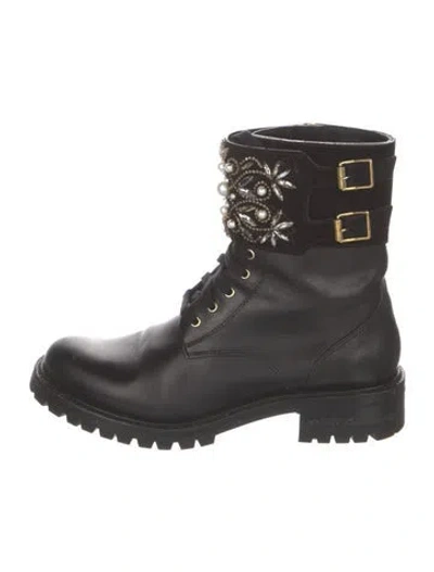 Pre-owned René Caovilla Faux Pearl Accents Leather Combat Boots In Black