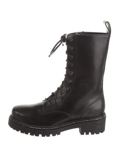 Pre-owned René Caovilla Faux Pearl Accents Leather Combat Boots In Black