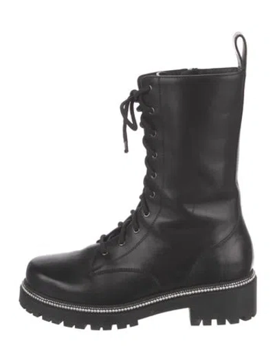 Pre-owned René Caovilla Faux Pearl Accents Leather Combat Boots In Black