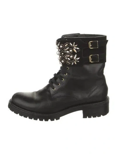 Pre-owned René Caovilla Faux Pearl Accents Leather Combat Boots In Black