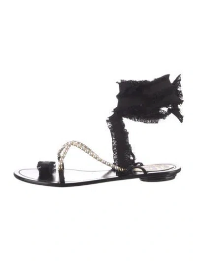 Pre-owned René Caovilla Faux Pearl Accents Leather Gladiator Sandals In Black