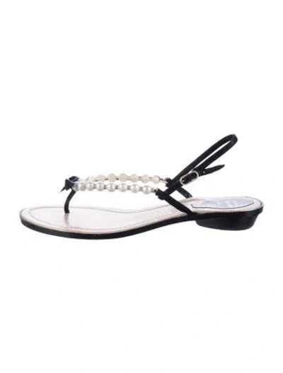 Pre-owned René Caovilla Faux Pearl Accents Leather Sandals In Black