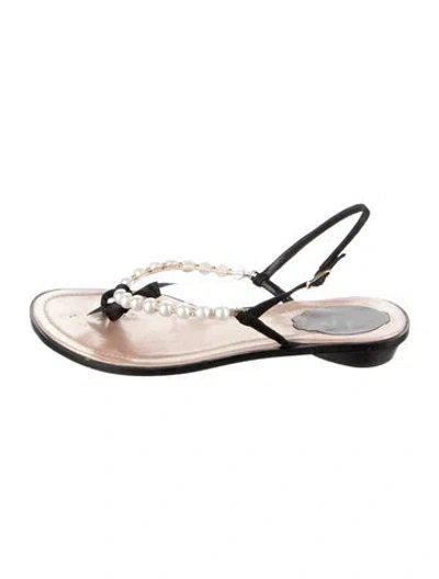 Pre-owned René Caovilla Faux Pearl Accents Leather Sandals In Black