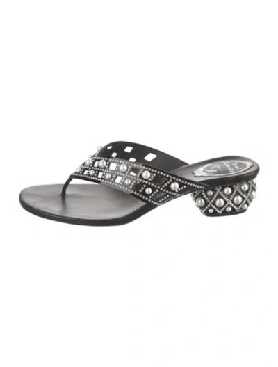 Pre-owned René Caovilla Faux Pearl Accents Leather Slides In Black