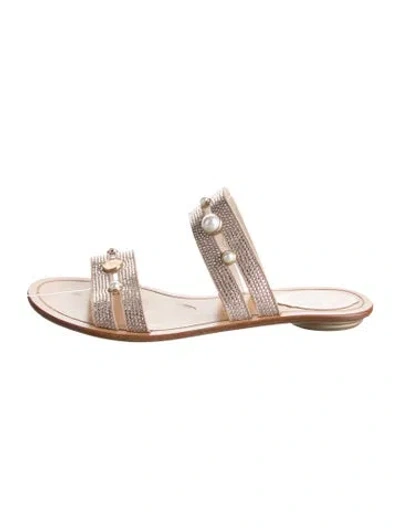Pre-owned René Caovilla Faux Pearl Accents Leather Slides In Transparent