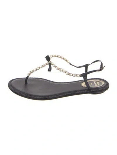 Pre-owned René Caovilla Faux Pearl Accents Leather T-strap Sandals In Black