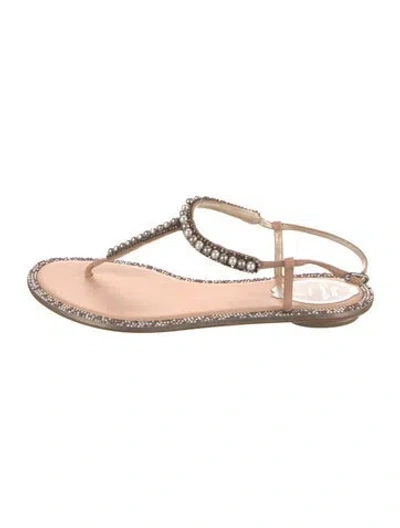 Pre-owned René Caovilla Faux Pearl Accents Leather T-strap Sandals In Neutral