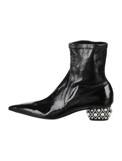 Pre-owned René Caovilla Faux Pearl Accents Patent Leather Boots In Black