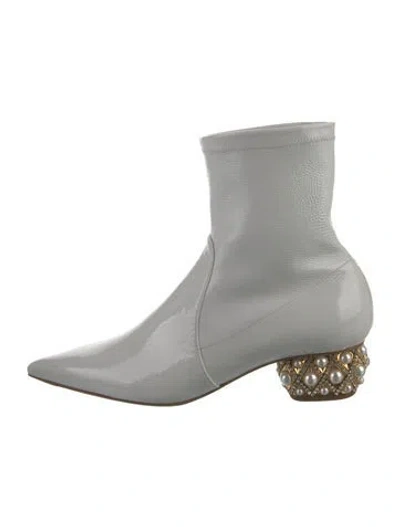 Pre-owned René Caovilla Faux Pearl Accents Patent Leather Sock Boots In Gray