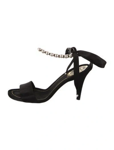 Pre-owned René Caovilla Faux Pearl Accents Satin Sandals In Black