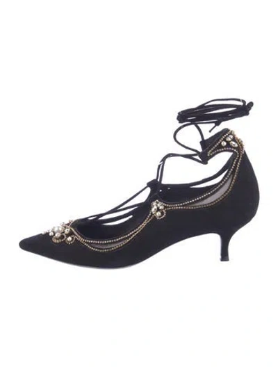 Pre-owned René Caovilla Faux Pearl Accents Suede Pumps In Black